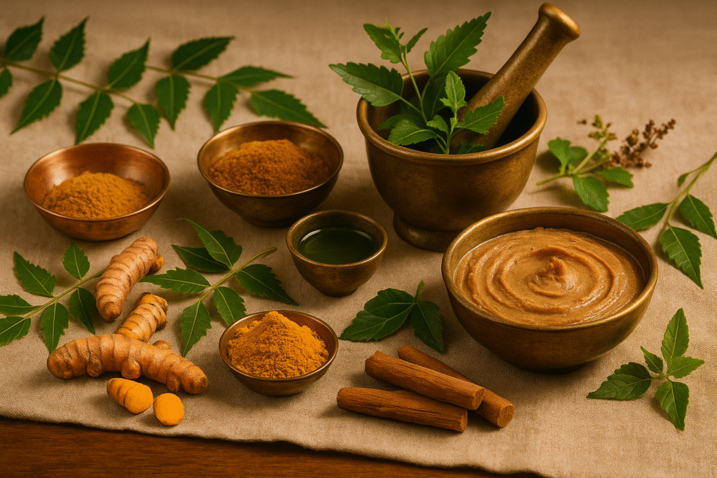 Ayurvedic ingredients like turmeric, neem, and tulsi arranged in warm lighting — Indian herbal wellness traditions.