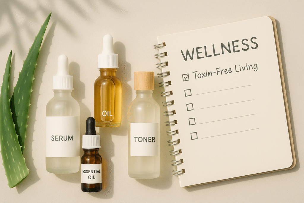 Beginner-friendly toxin-free skincare flat-lay with aloe leaves, natural serums, toner, and essential oils.