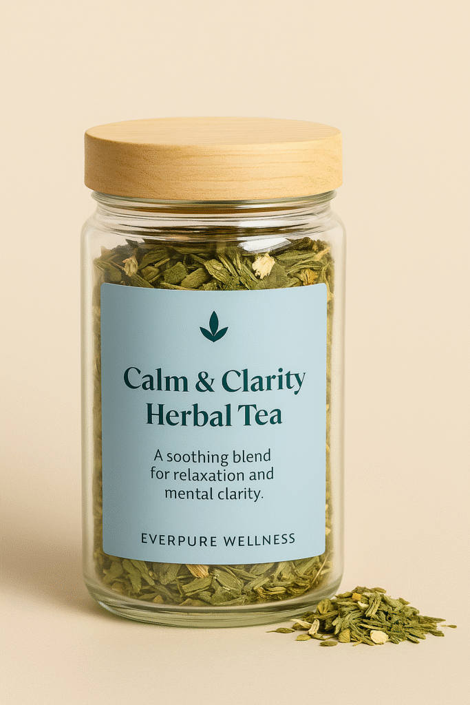 Calm & Clarity Herbal Tea by EverPure Wellness in a clear glass jar with logo