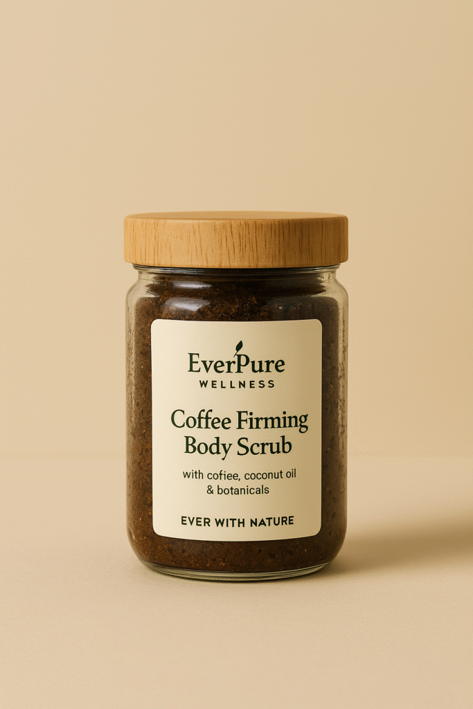 EverPure Coffee Firming Body Scrub in a clear glass jar with wooden lid, showcasing dark coffee scrub on a beige background.