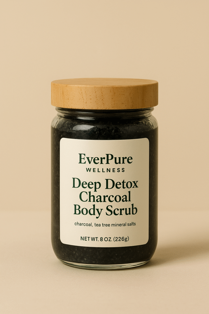 EverPure Deep Detox Charcoal Body Scrub in a clear glass jar with wooden lid, filled with black charcoal scrub on a beige background.