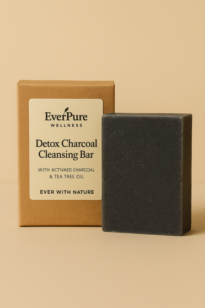EverPure Detox Charcoal Cleansing Bar placed beside its kraft box packaging on a beige background.