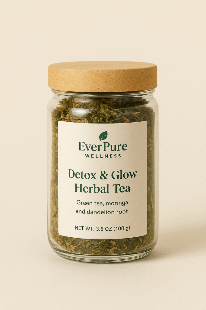 Detox & Glow Herbal Tea by EverPure Wellness in a clear glass jar with branded label