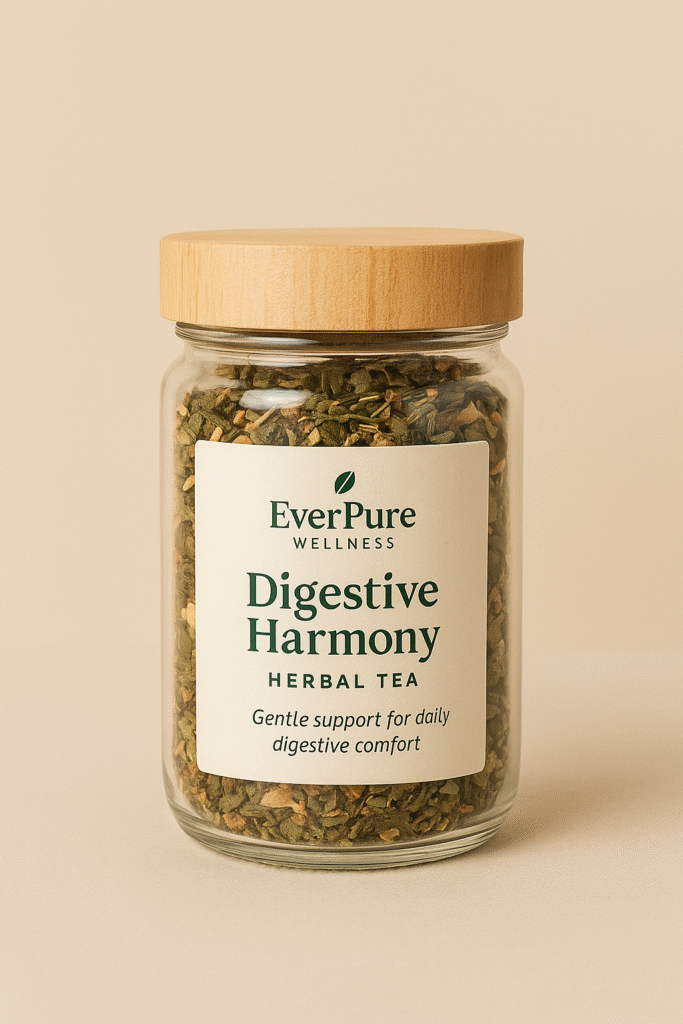 Digestive Harmony Herbal Tea by EverPure Wellness in a clear glass jar with branded label