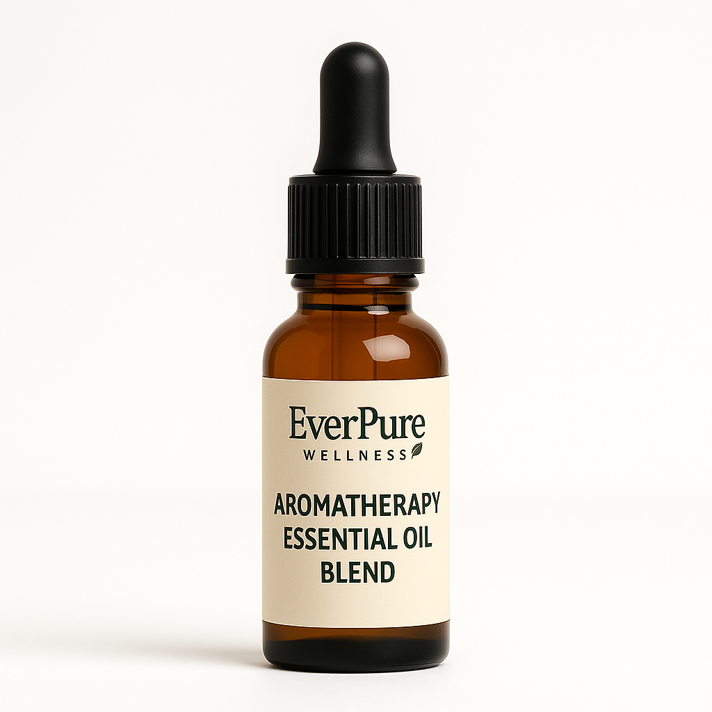 Amber bottle of EverPure Wellness aromatherapy essential oil blend on a white background