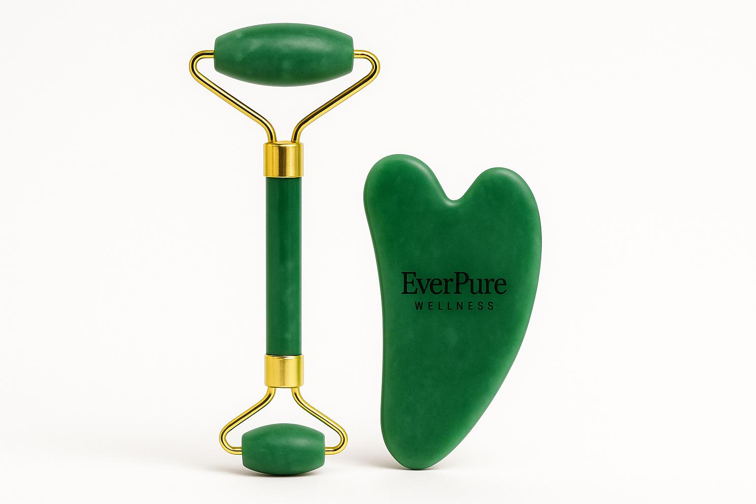 EverPure jade roller and gua sha facial tools on a white studio background