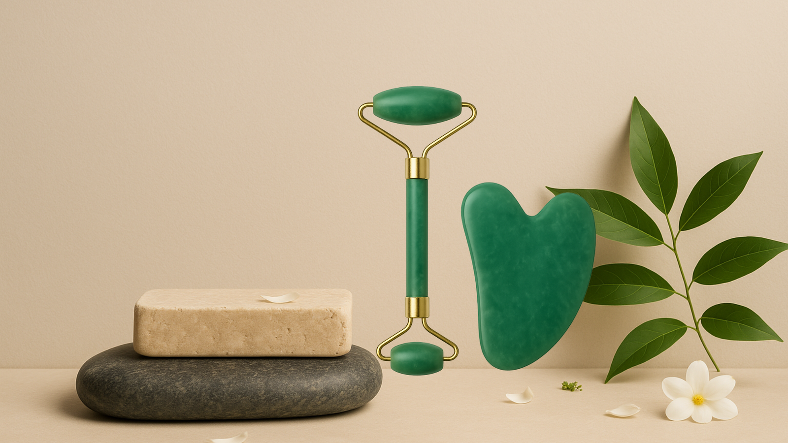 EverPure jade facial roller and gua sha stone arranged on stone and leaf background in a beige wellness setup