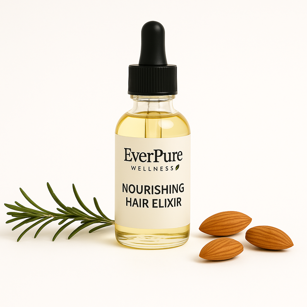 Clear glass dropper bottle of EverPure Wellness Nourishing Hair Elixir on a white background