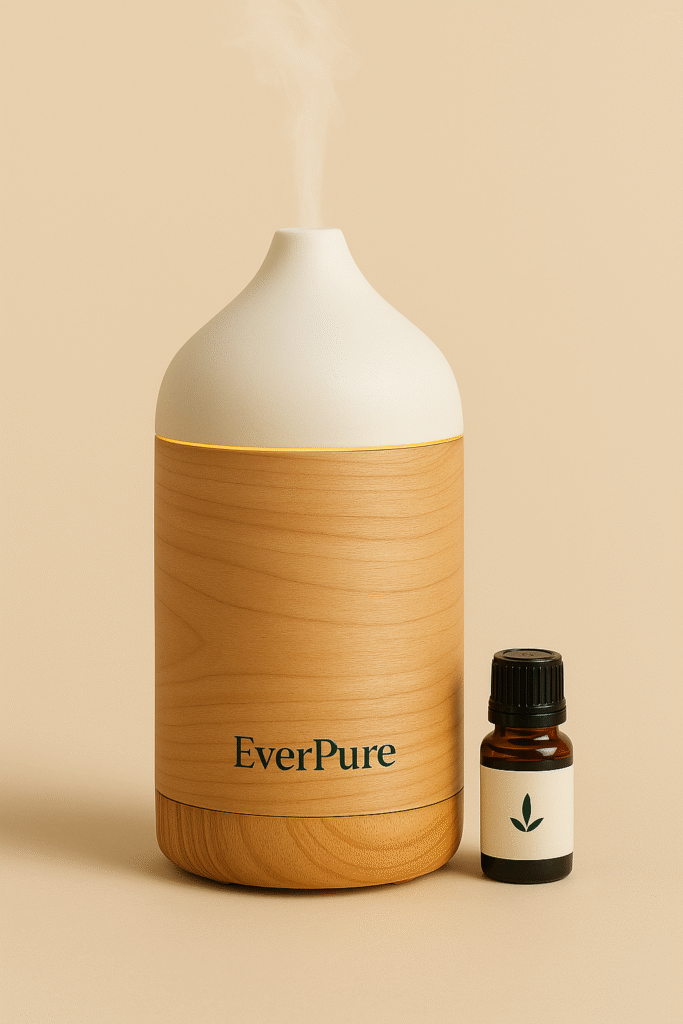Serenity Mist Aroma Diffuser by EverPure Wellness with a wooden base and minimalist design