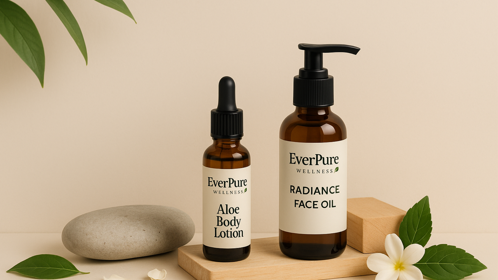 EverPure Aloe Body Lotion and Radiance Face Oil displayed on stone with natural leaves on a beige background