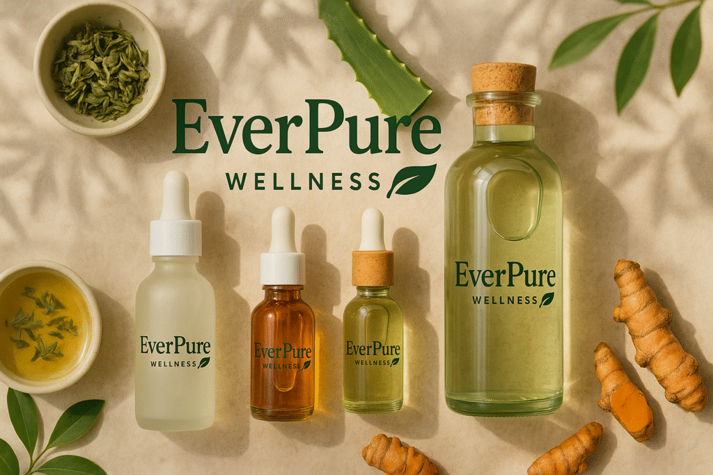 EverPure Wellness natural skincare products flat-lay with serum bottles, herbal extracts, aloe, turmeric, and branding on the bottles, captured in soft sunlight.