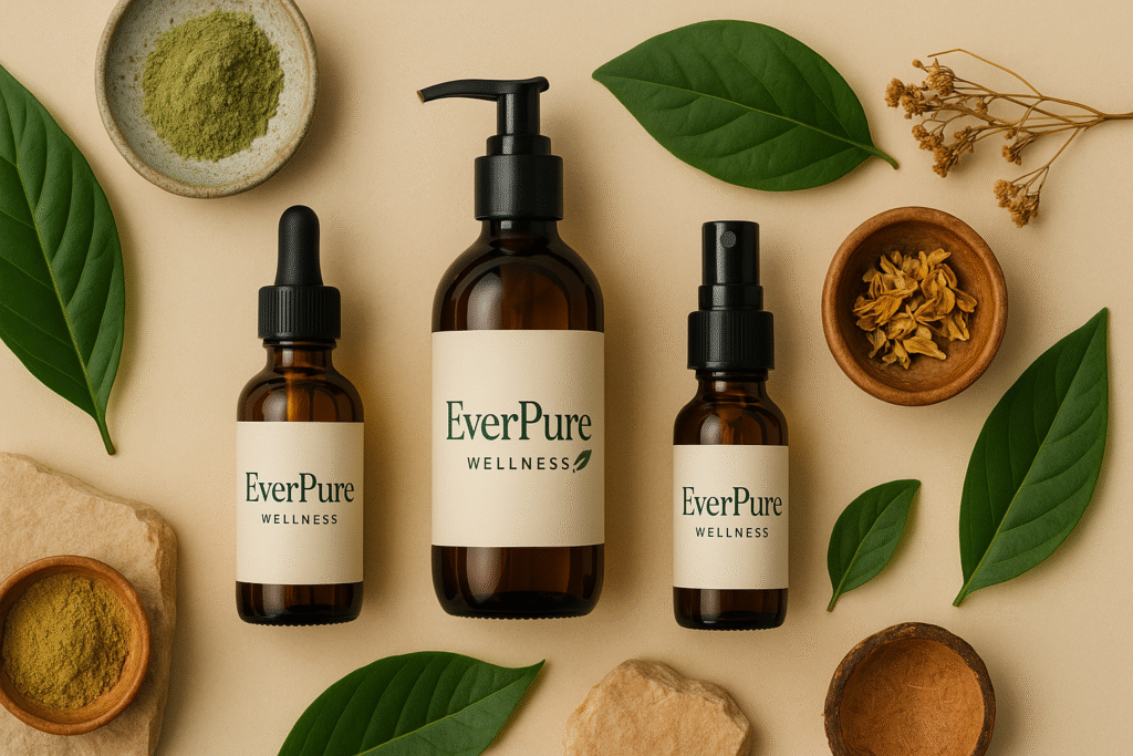 EverPure Wellness premium natural skincare products in amber bottles surrounded by herbs and leaves — natural wellness brand in India.