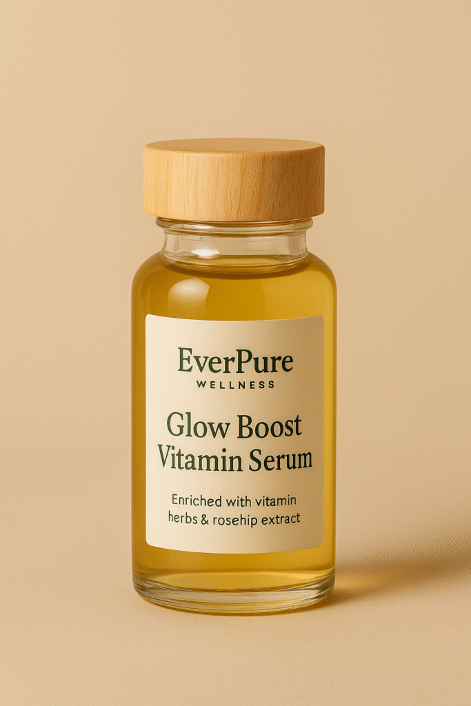 EverPure Glow Boost Vitamin Serum in a clear glass bottle with golden-yellow serum on warm beige background
