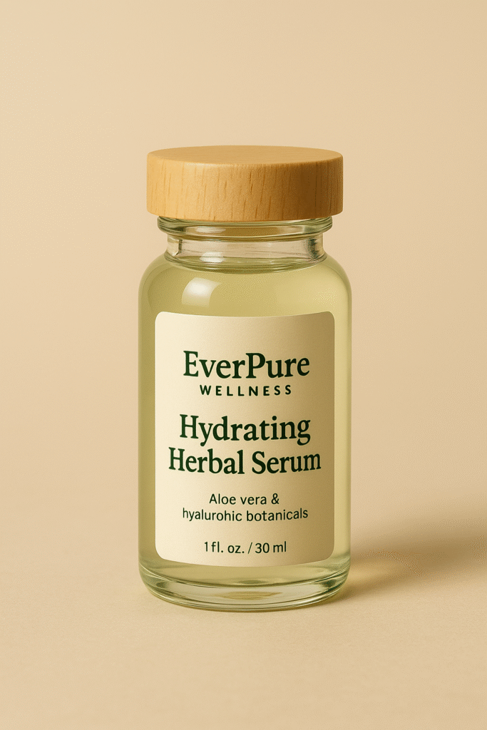 EverPure Hydrating Herbal Serum in a clear glass bottle showing light green liquid on beige backdrop