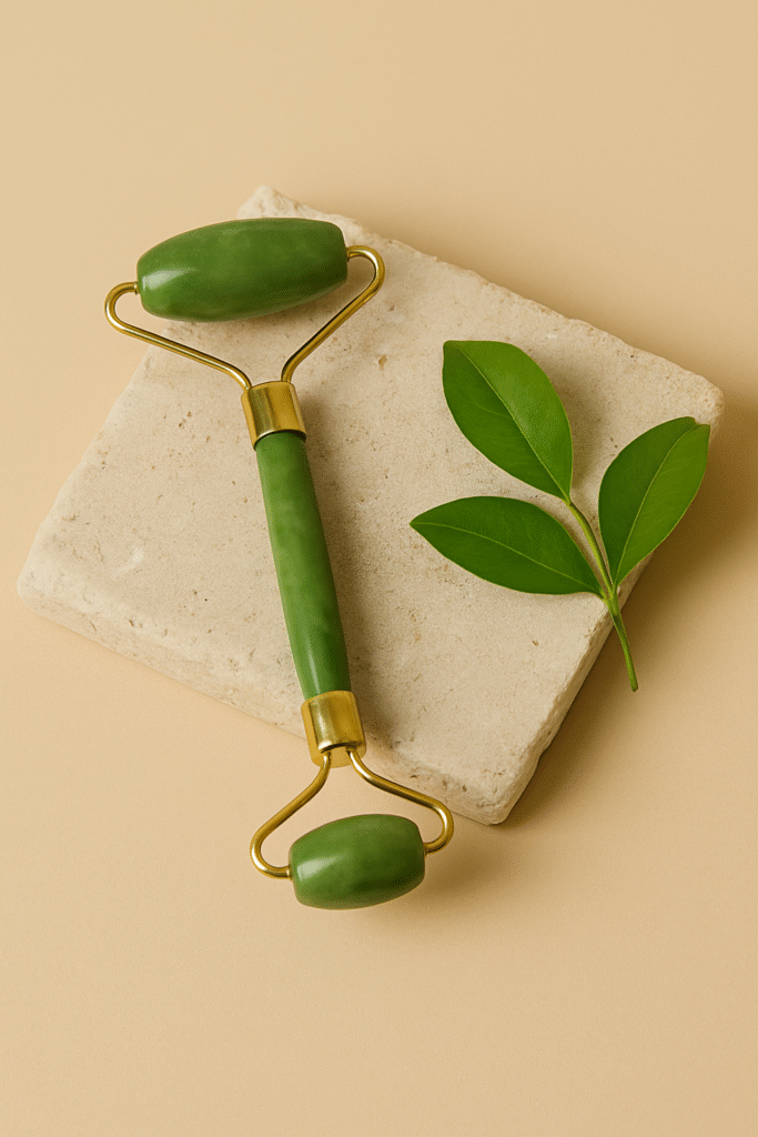 Jade facial roller placed on a textured stone slab with fresh green leaves on a beige background.