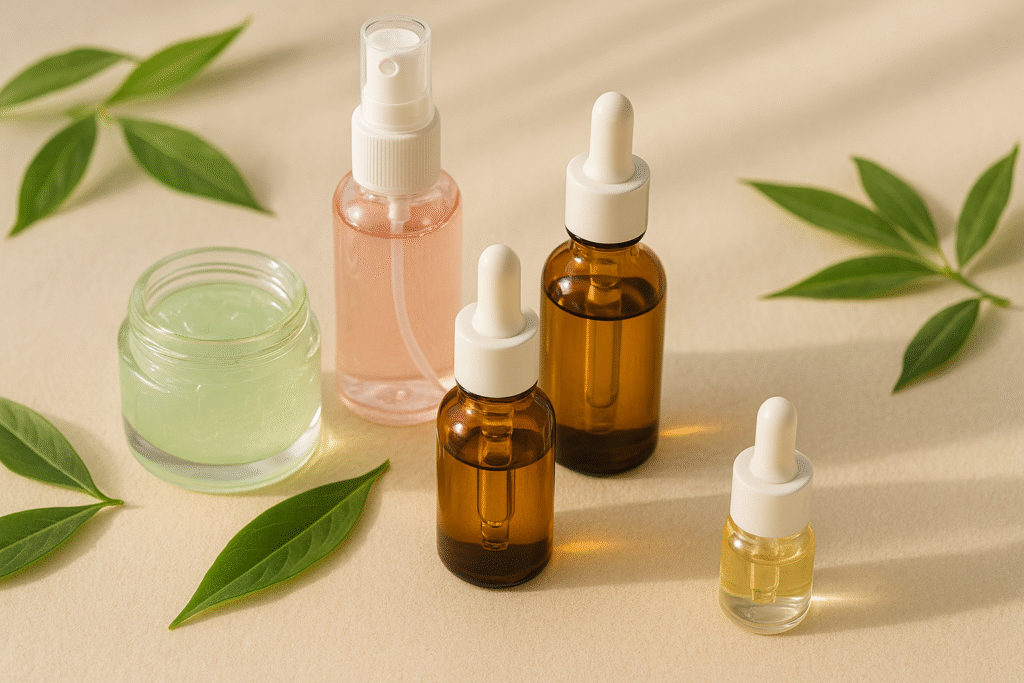 Natural skincare arrangement with aloe gel, rose mist, and botanical serum — plant-based skincare India.