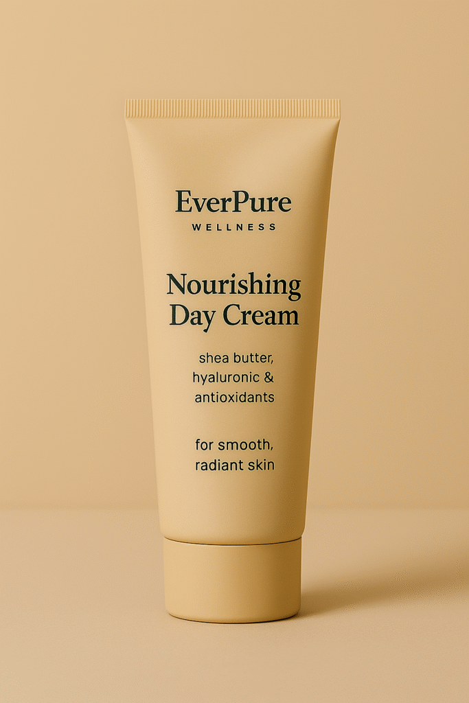 EverPure Nourishing Day Cream tube standing on a beige background.
