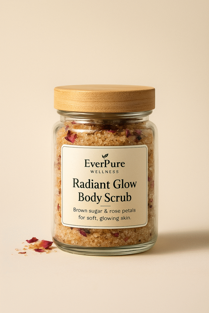 EverPure Radiant Glow Body Scrub in a clear glass jar with wooden lid, filled with brown sugar and rose petals on a beige background.