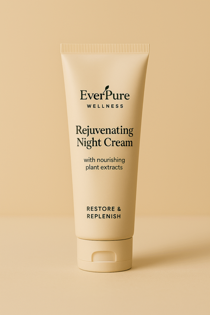 EverPure Rejuvenating Night Cream tube standing on a beige background.