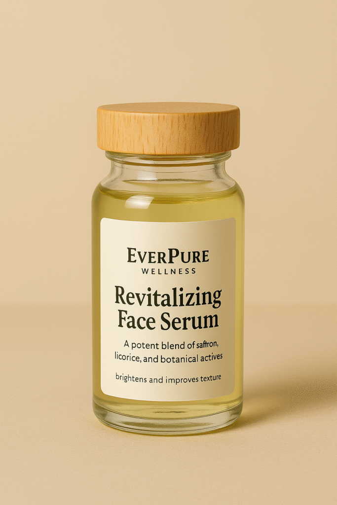 EverPure Revitalizing Face Serum in a clear glass bottle with wooden cap on beige background