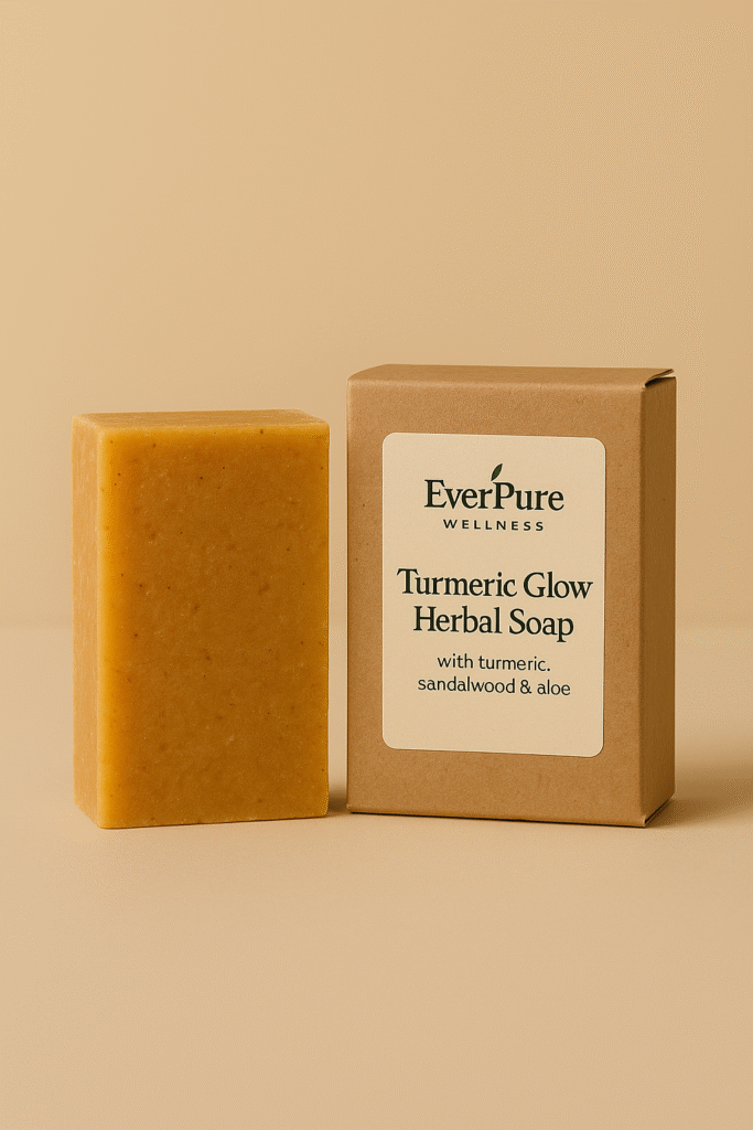 EverPure Turmeric Glow Herbal Soap bar placed beside its kraft box packaging on a beige background.