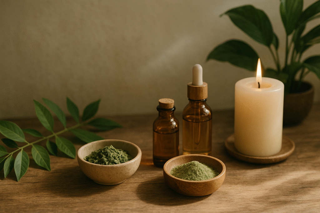 A serene natural wellness setup with herbal powders, essential oil bottles, and green leaves — representing a natural wellness brand in India.